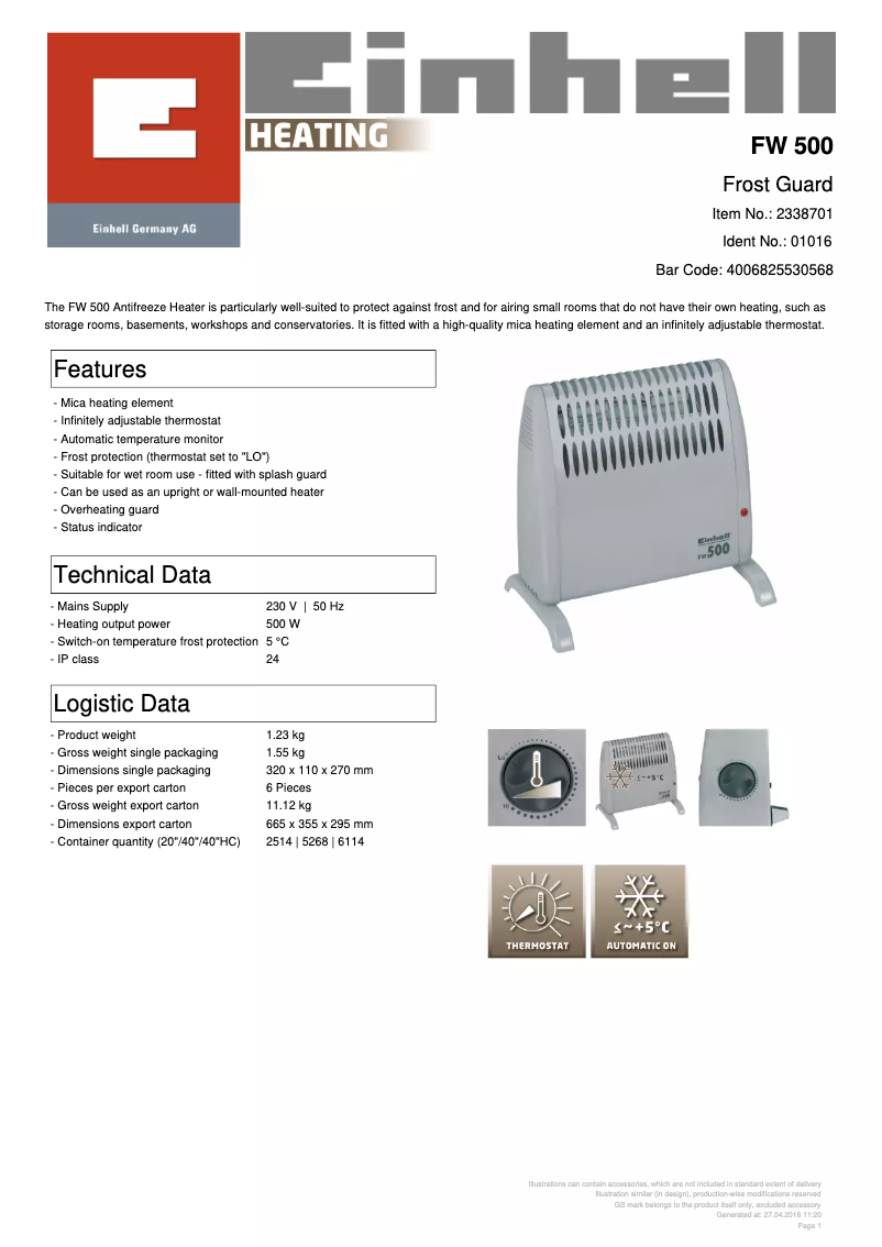 Page 1 de la notice Fiche technique Einhell FW 500