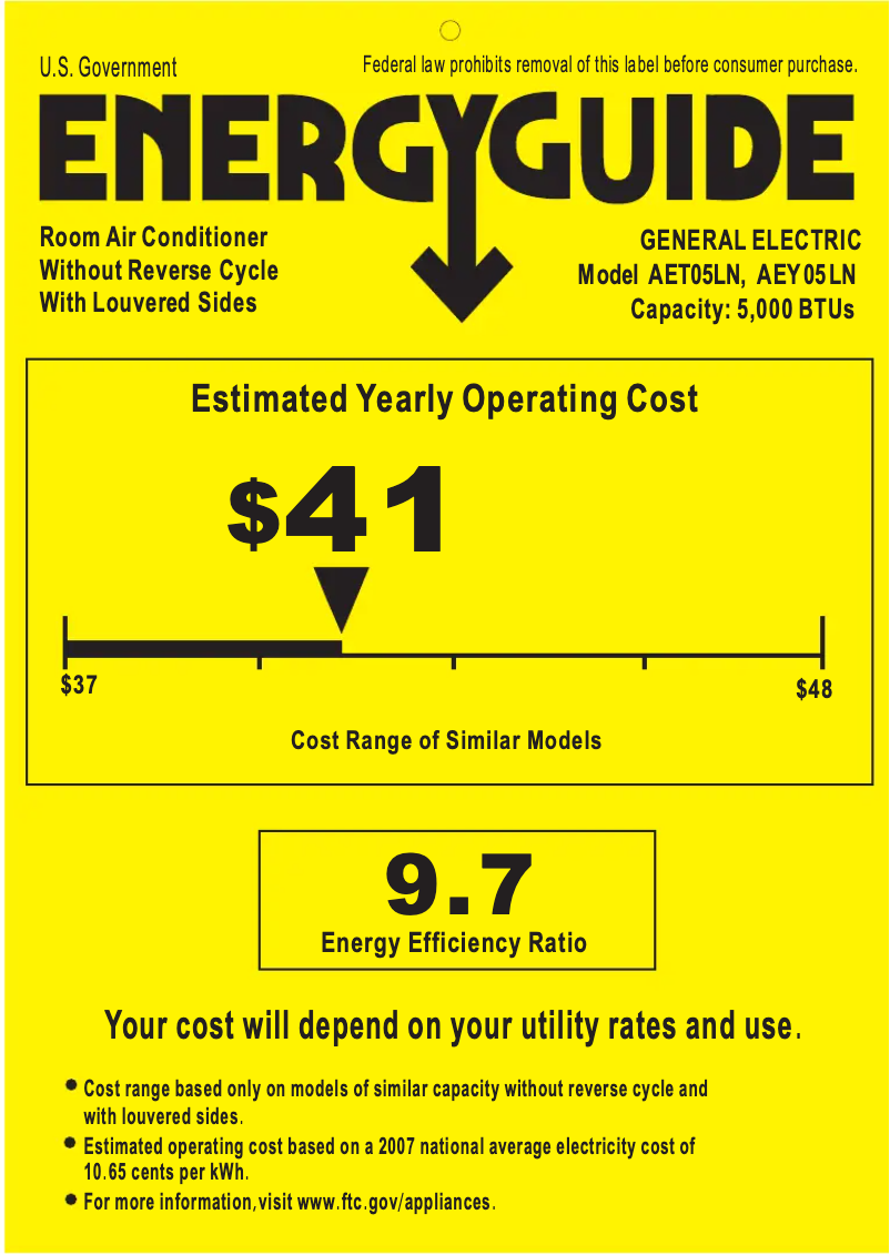 Página 1 del manual Etiqueta energética GE AEY05LN
