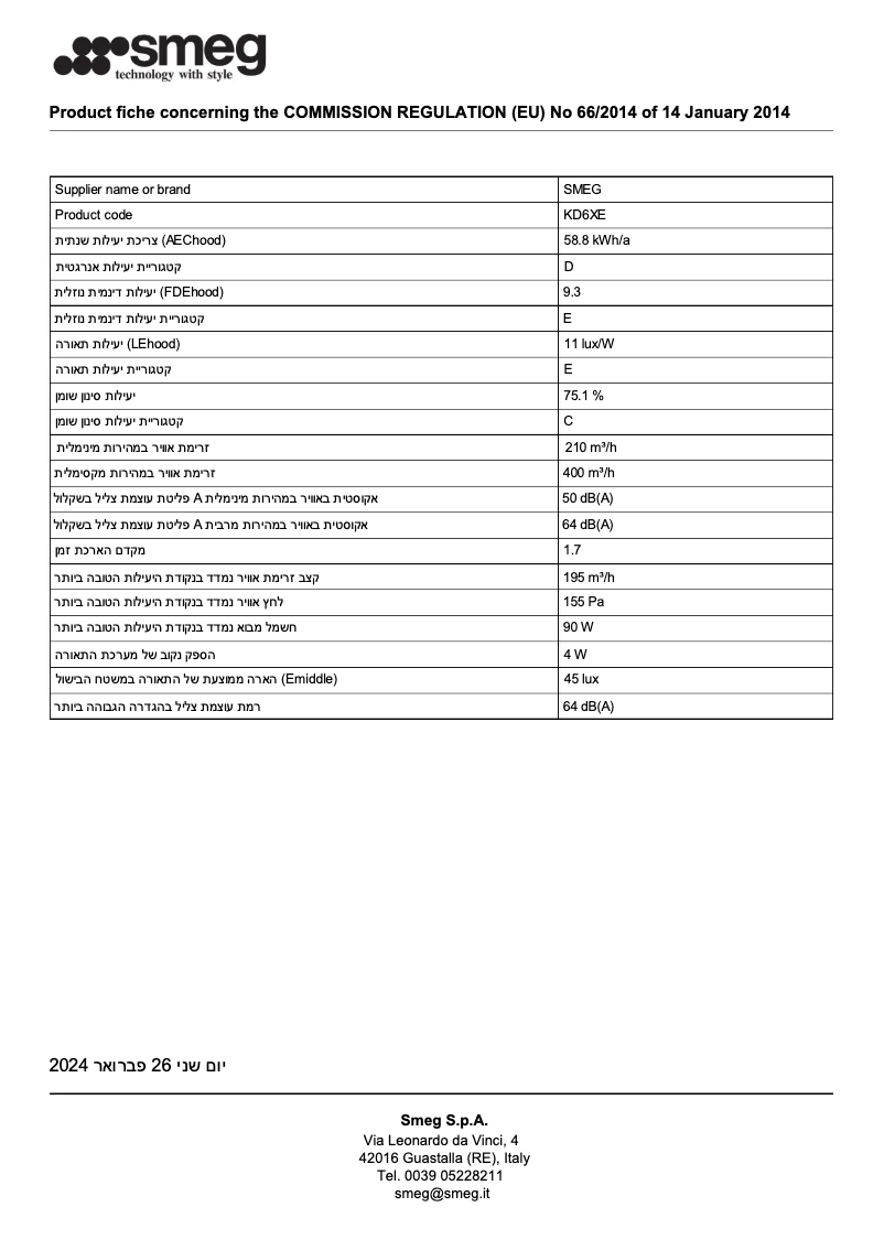 Page 1 de la notice Fiche technique Smeg KD6XE
