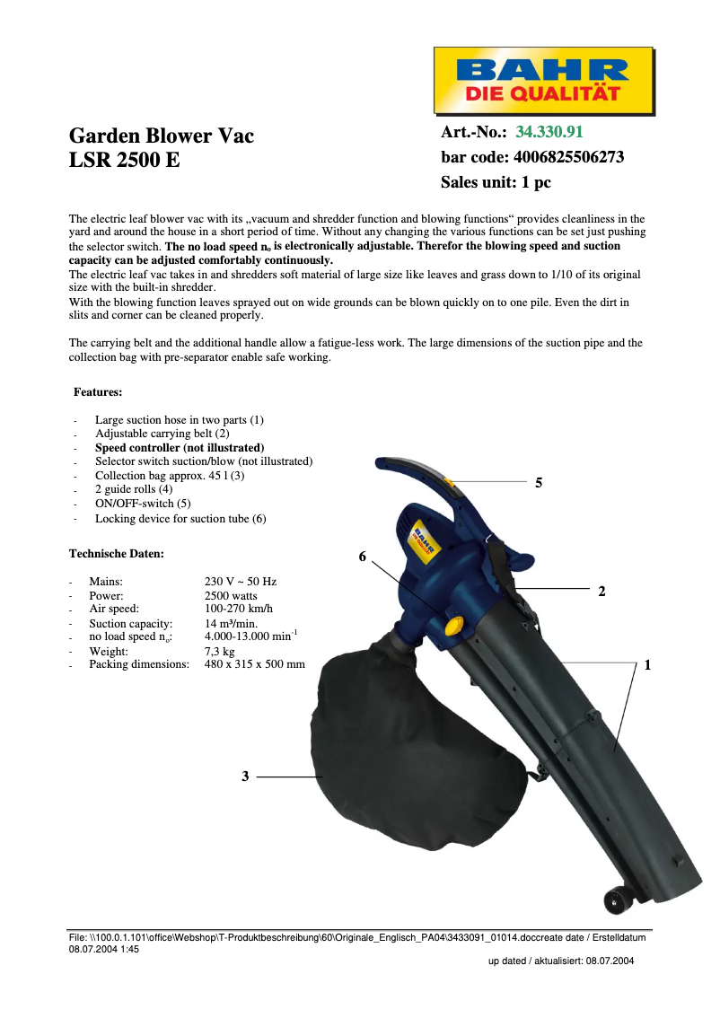 Page 1 de la notice Manuel utilisateur Bahr LSR 2500 E