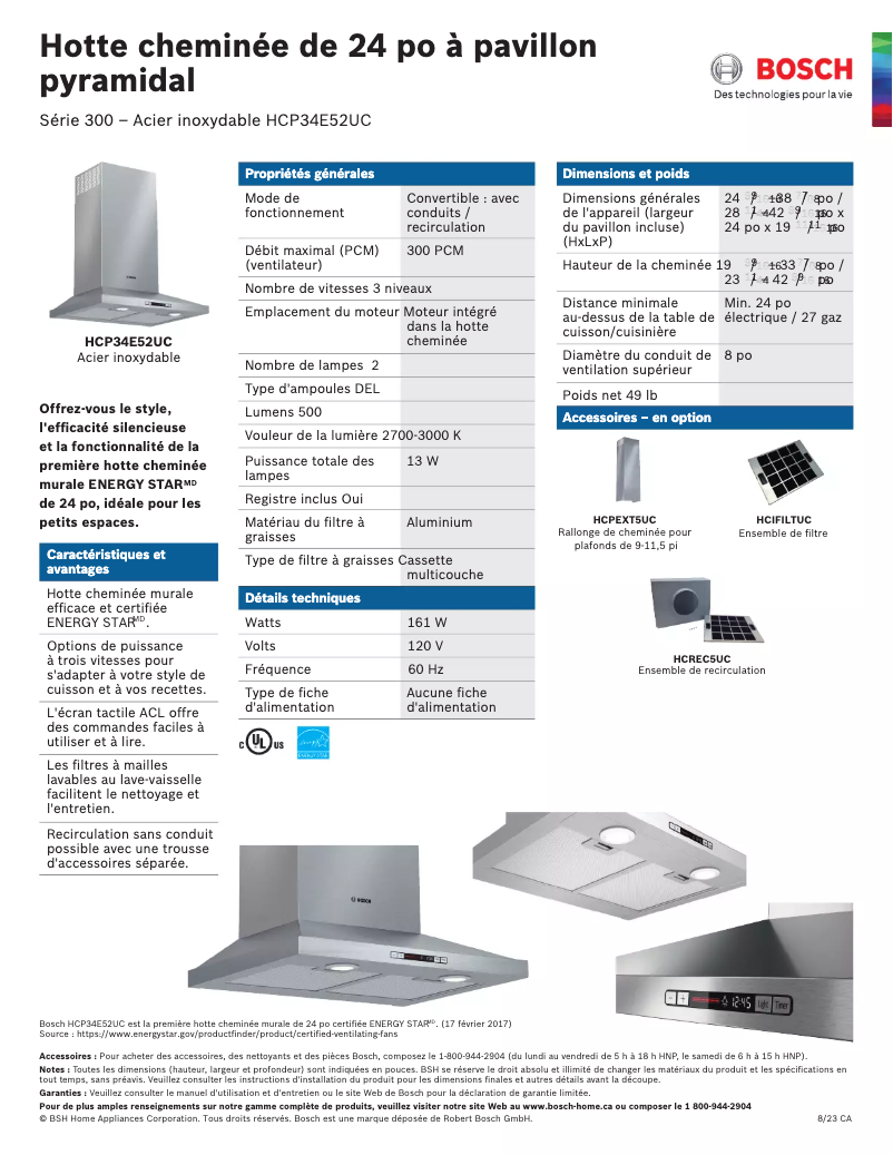 Page 1 de la notice Fiche technique Bosch HCP34E52UC