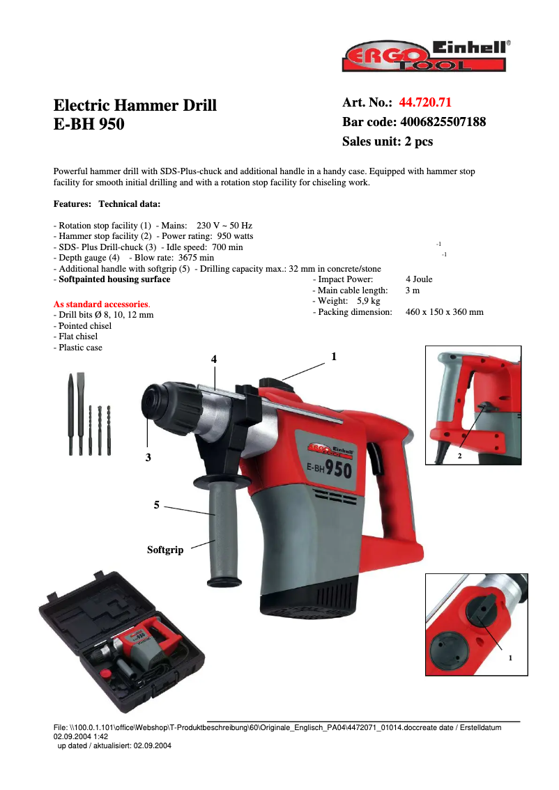 Página 1 del manual Ficha técnica Einhell E-BH 950