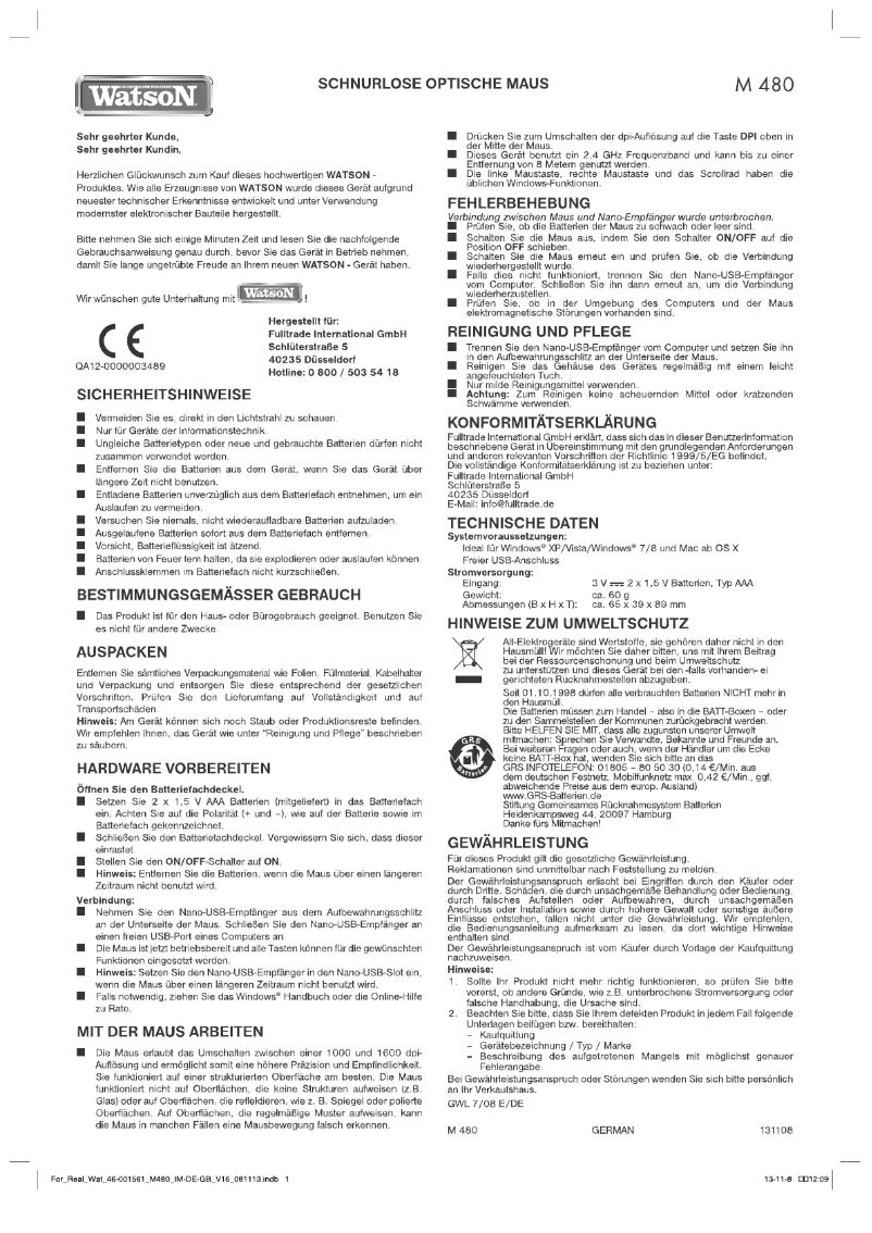 Page 1 de la notice Manuel utilisateur Watson M480