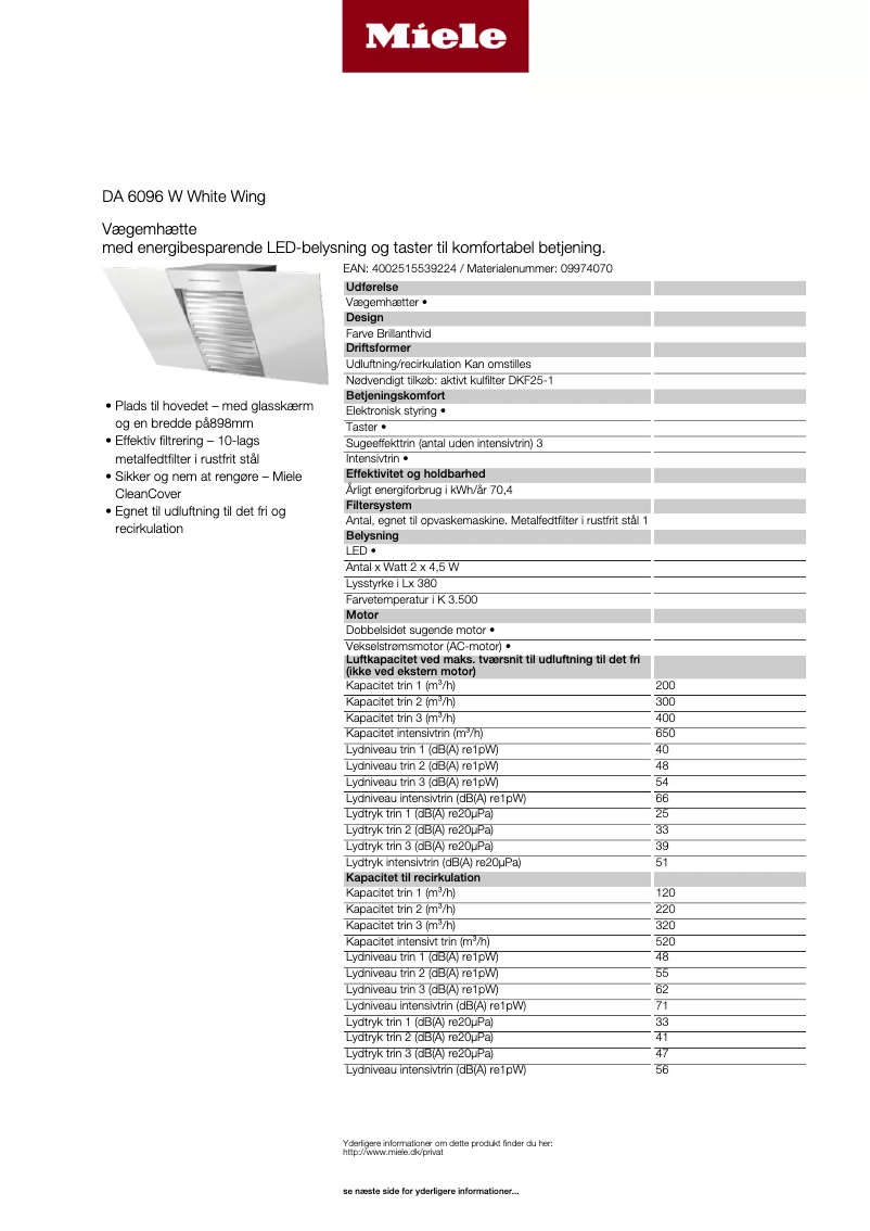 Página 1 del manual Ficha técnica Miele DA 6096 W WING
