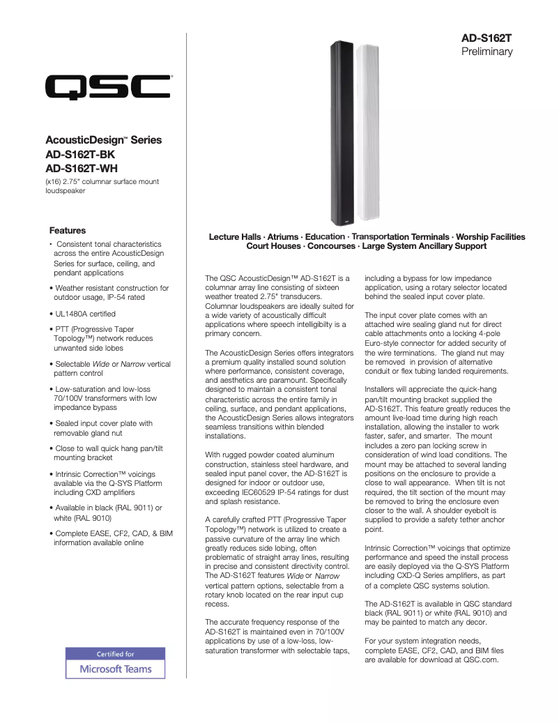 Page 1 de la notice Fiche technique QSC AcousticDesign AD-S162T