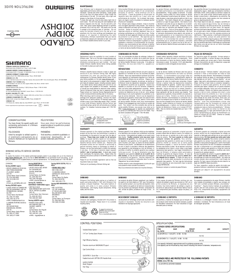 Page 1 de la notice Manuel utilisateur Shimano Curado 201DPV