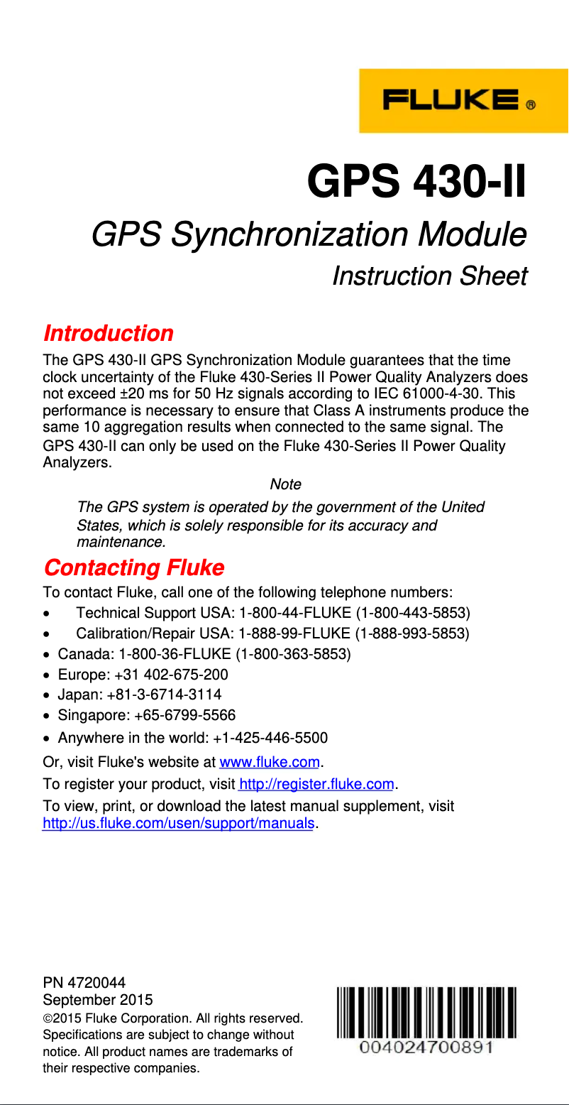 Page 1 de la notice Manuel utilisateur Fluke GPS 430-II