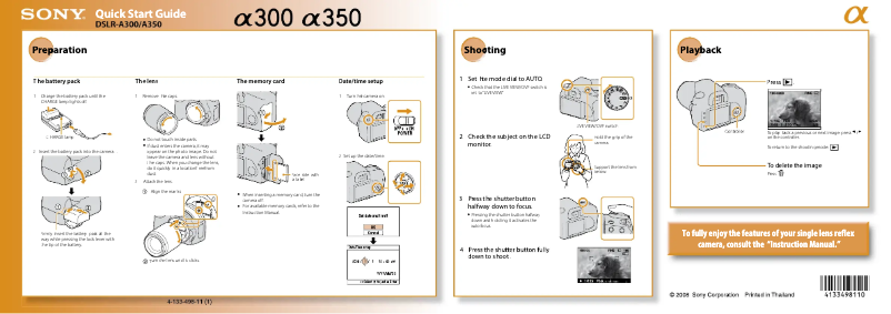 Page 1 de la notice Guide d'installation Sony Alpha DSLR-A350X