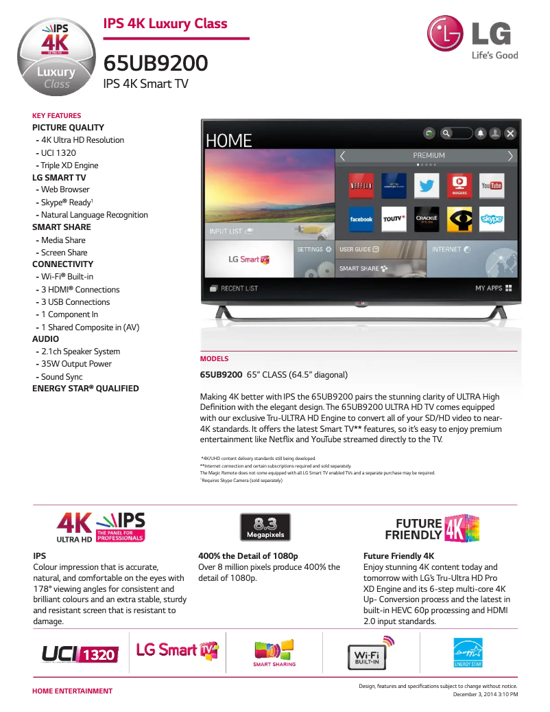 Page 1 de la notice Fiche technique LG 65UB9200