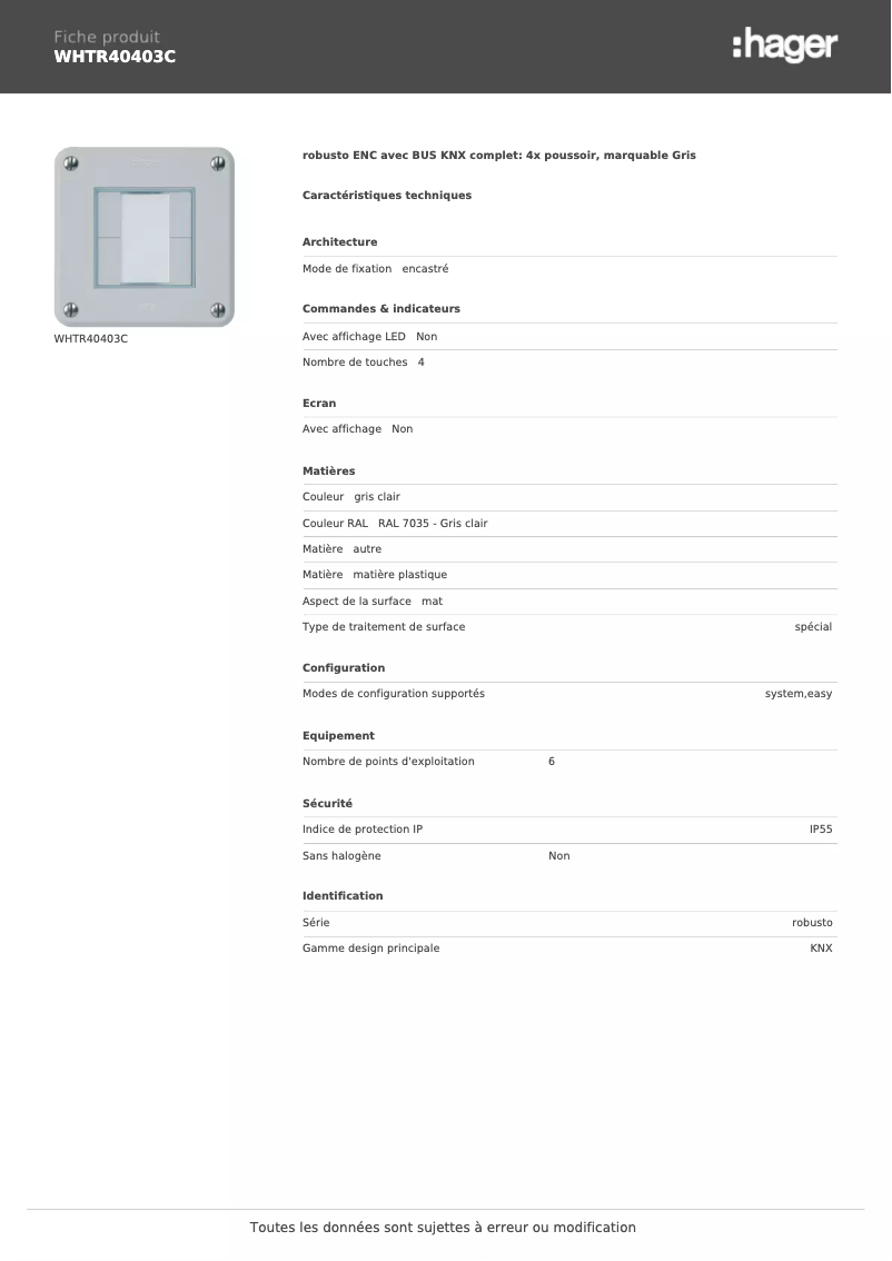 Page 1 de la notice Fiche technique Hager WHTR40403C