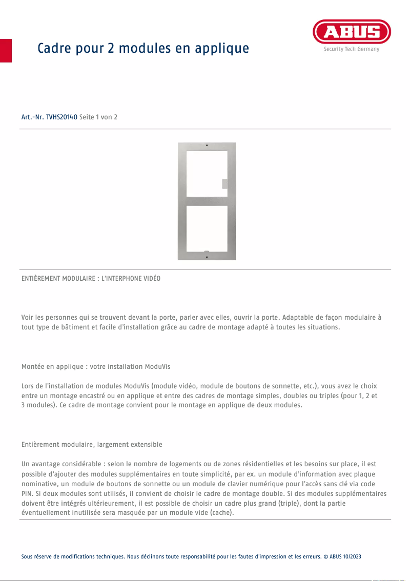 Page 1 de la notice Fiche technique Abus TVHS20140