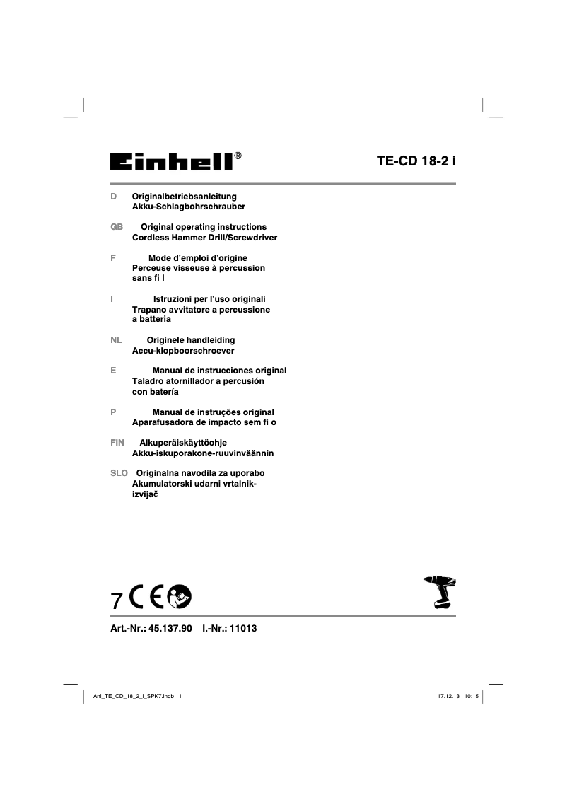 Page 1 de la notice Manuel utilisateur Einhell TE-CD 18-2 i
