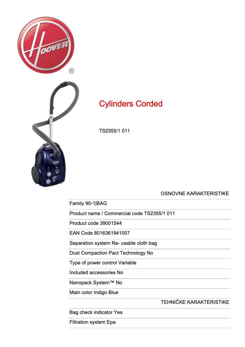 Página 1 del manual Ficha técnica Hoover Sensory TS2355/1 011