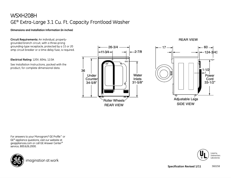 Page 1 de la notice Fiche technique GE WSXH208HWW