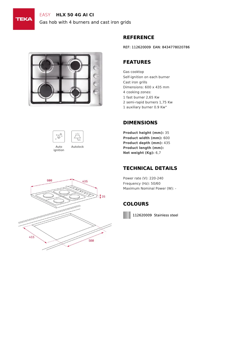 Page 1 de la notice Fiche technique Teka HLX 50 4G