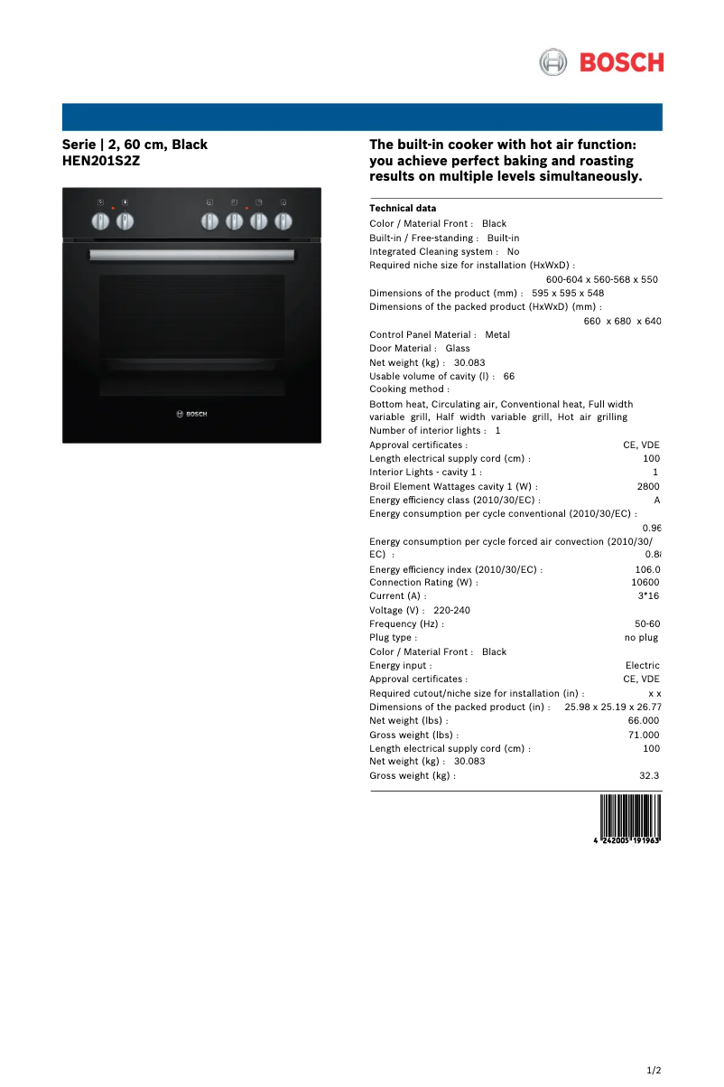 Page 1 of the manual Technical Sheet Bosch HEN201S2Z