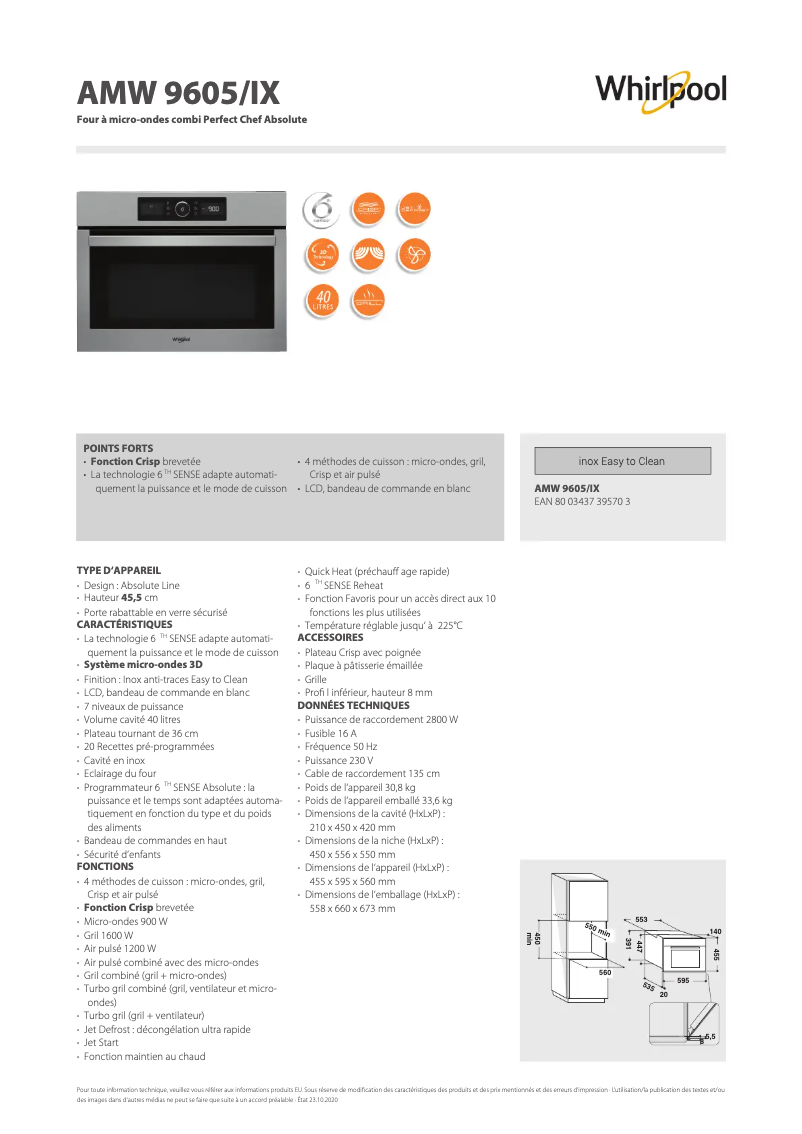 Page 1 de la notice Fiche technique Whirlpool AMW 9605/IX