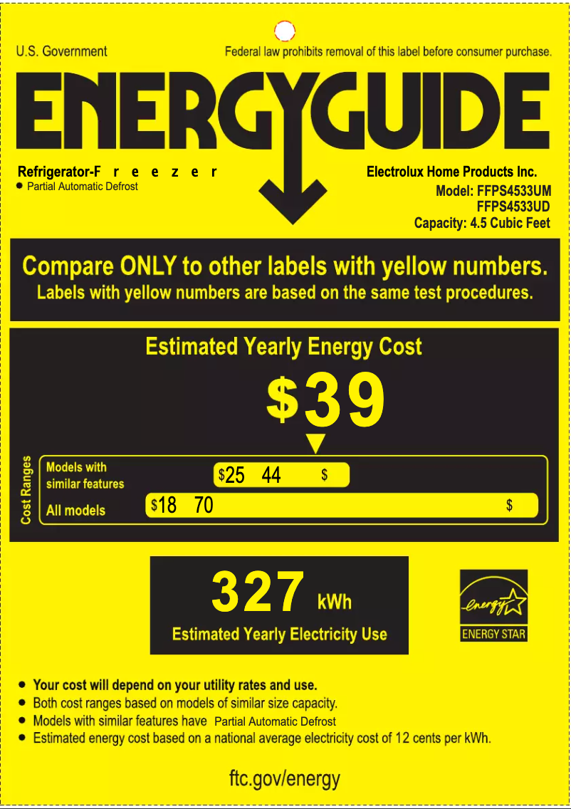 Page 1 de la notice Label énergétique Frigidaire FFPS4533UM