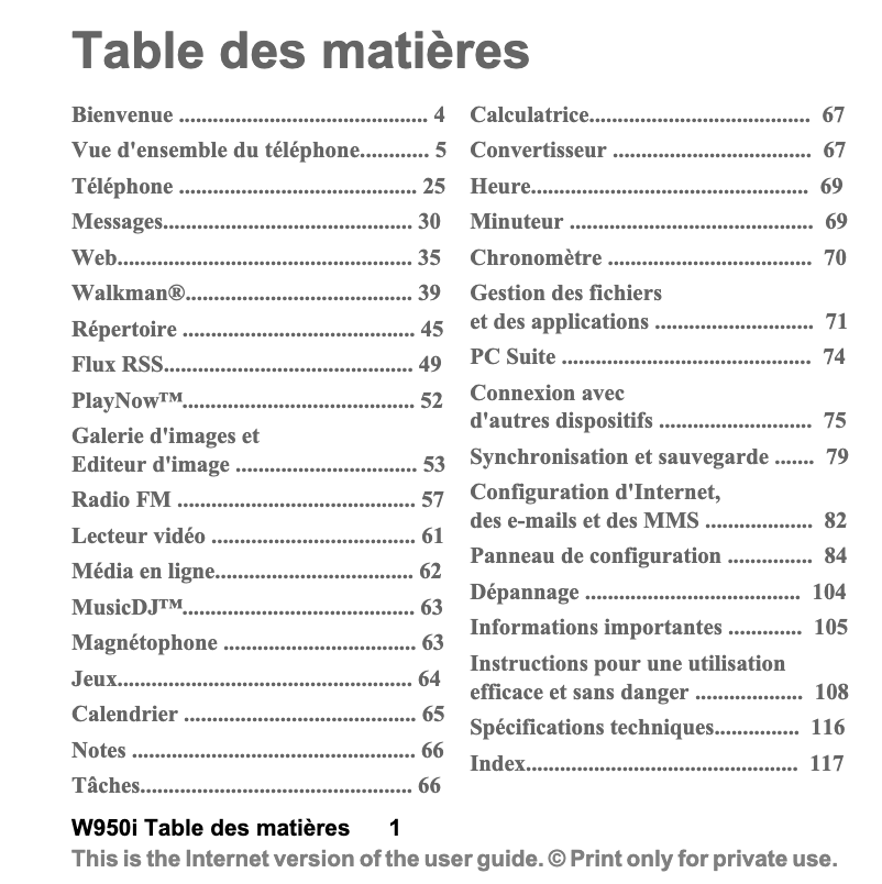 Page 1 de la notice Manuel utilisateur Sony Ericsson W950i