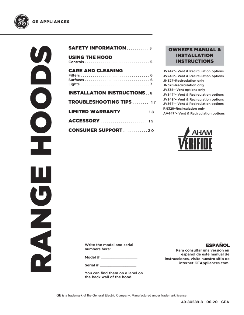 Page 1 de la notice Manuel d'utilisation et d'entretien GE JV338HBB