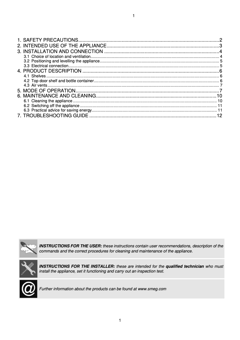 Page 1 de la notice Manuel utilisateur Smeg FAB5URCR3