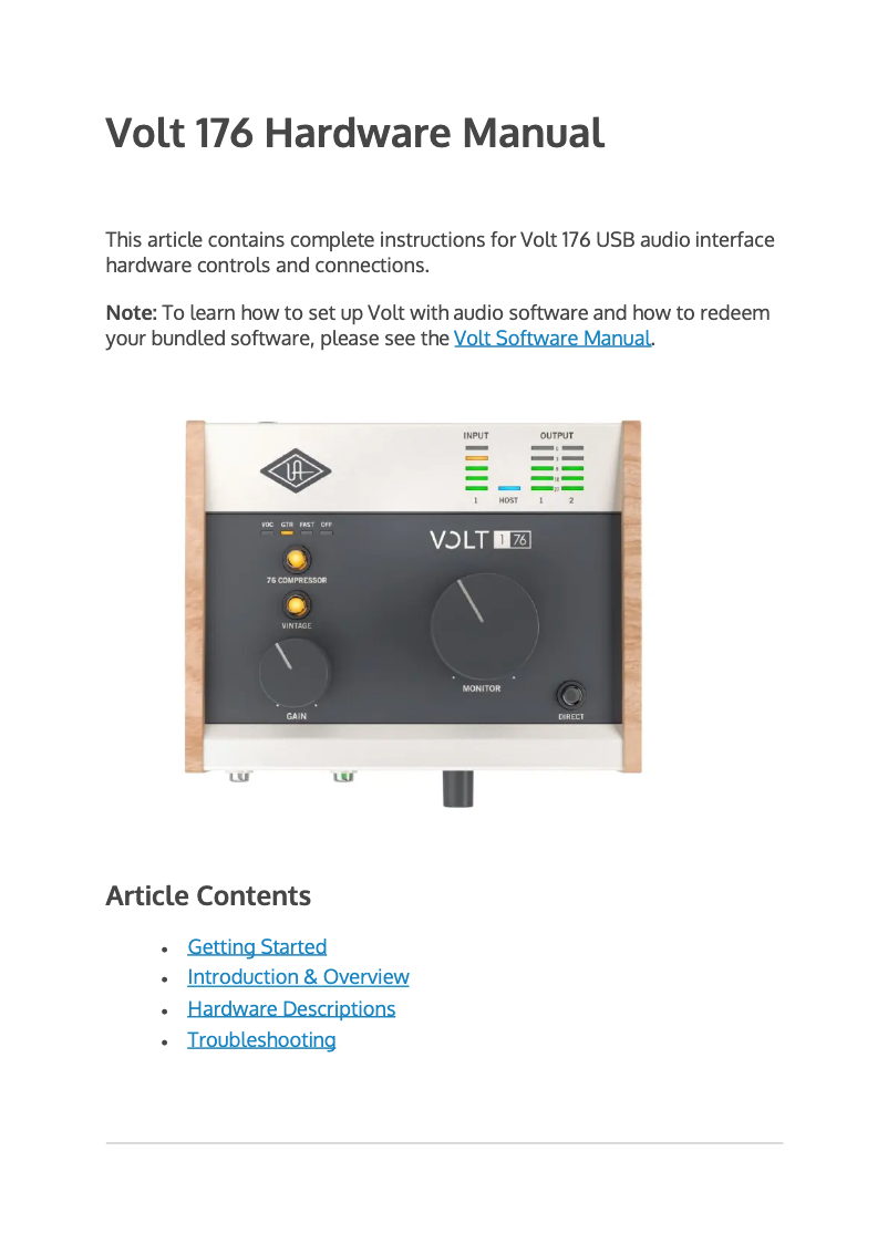 Page 1 de la notice Manuel utilisateur Universal Audio Volt 176