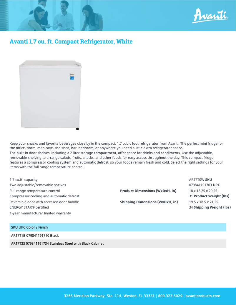 Page 1 de la notice Fiche technique Avanti AR17T1B