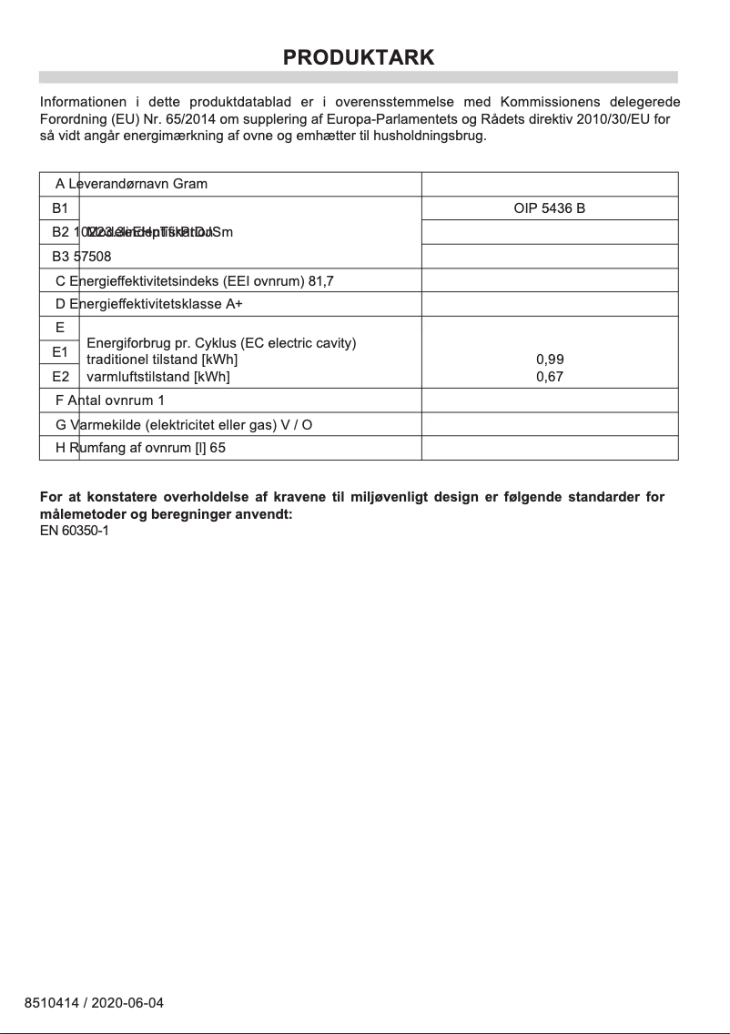 Page 1 of the manual Energy Label Gram OIP 5436 B