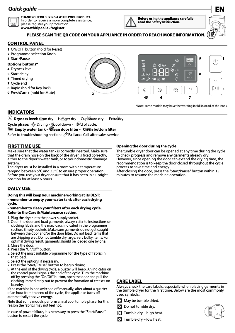 Página 1 del manual Manual de uso y mantenimiento Whirlpool FFT M11 8X2BS BE R