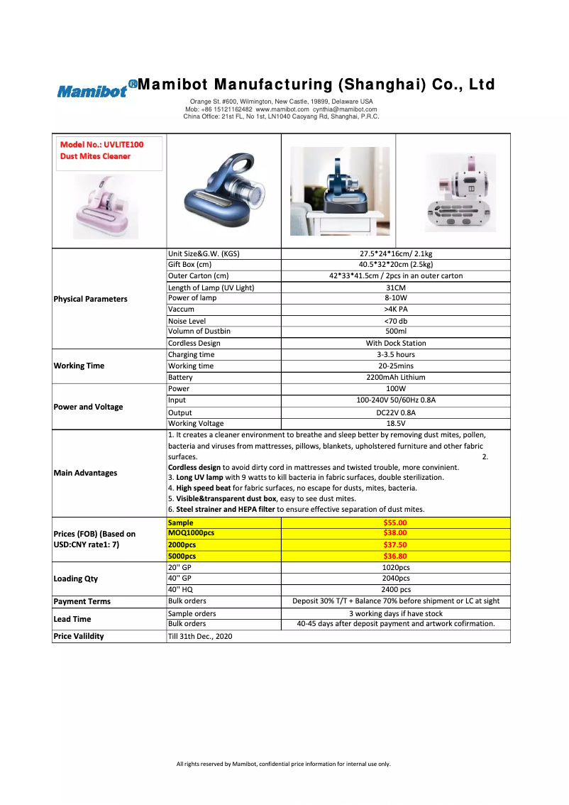 Page 1 de la notice Manuel utilisateur Mamibot UVLITE 100