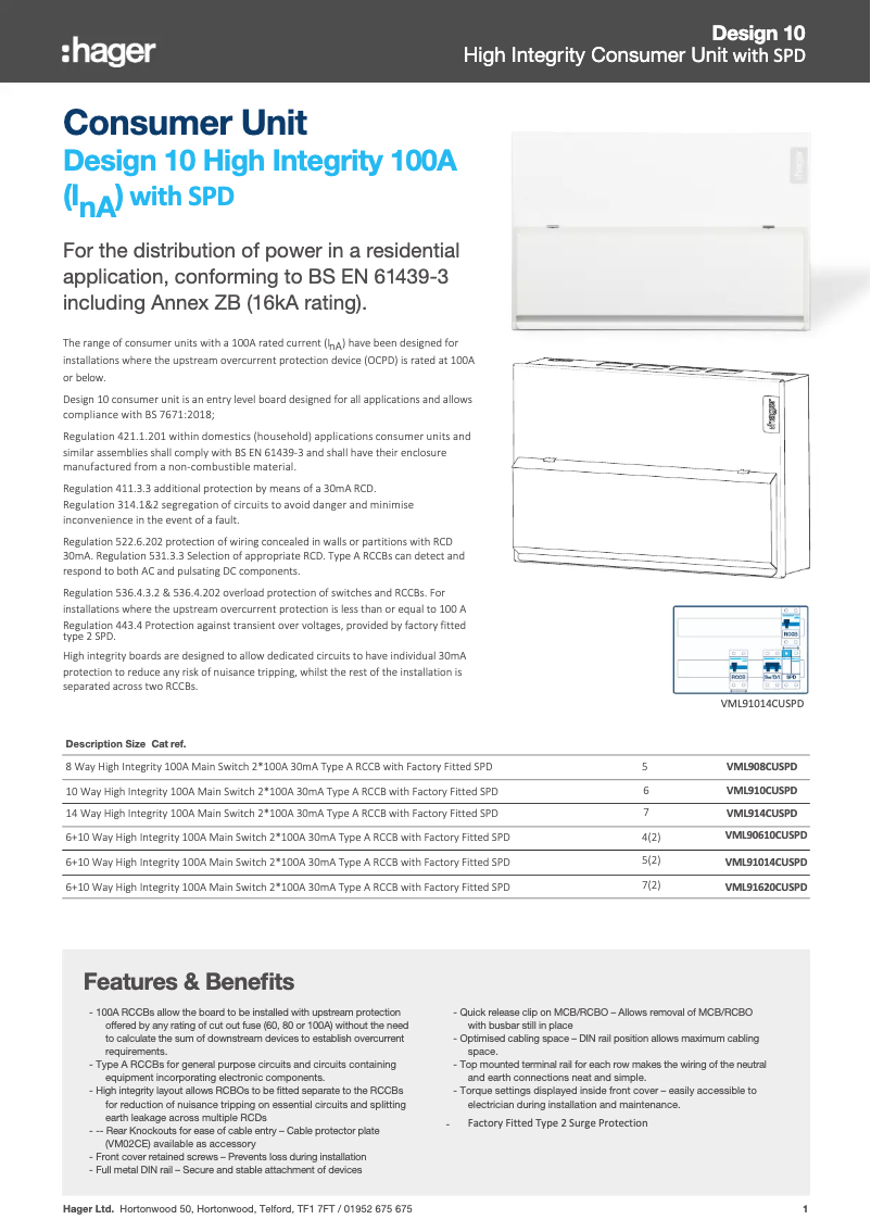 Page 1 de la notice Fiche technique Hager VMLF908CUSPD