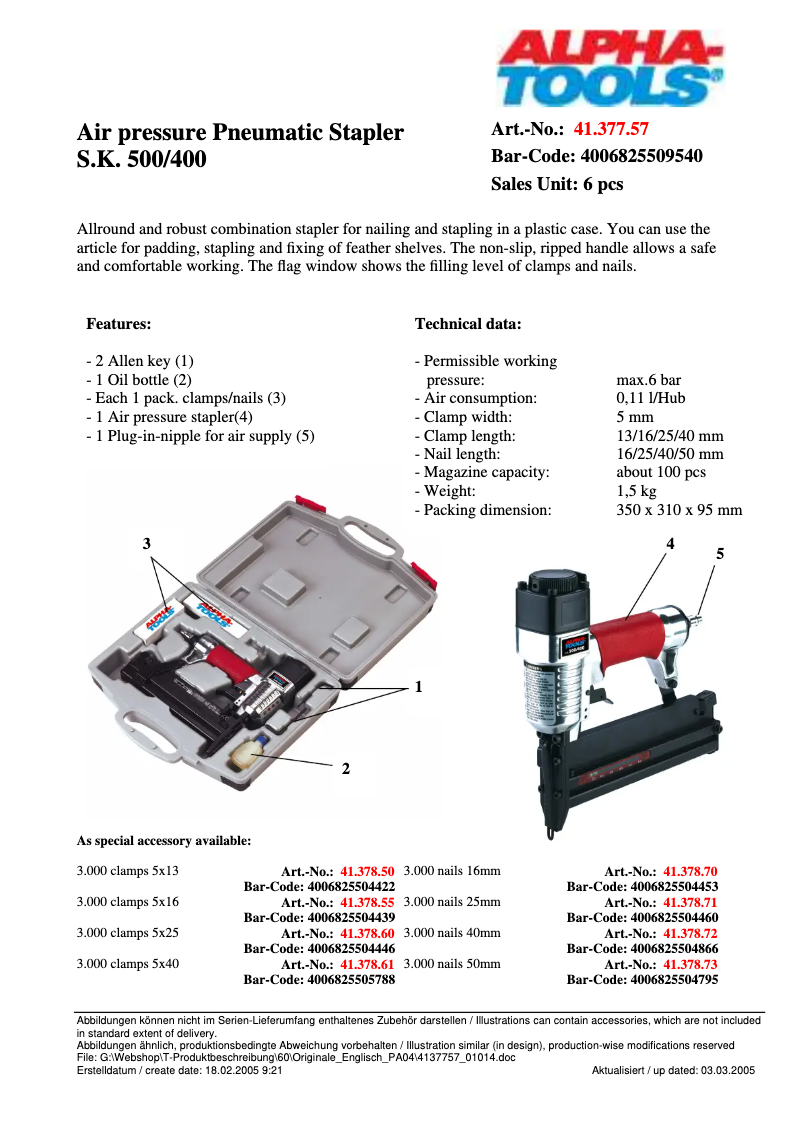 Page 1 de la notice Fiche technique Alpha Tools S.K. 500/400