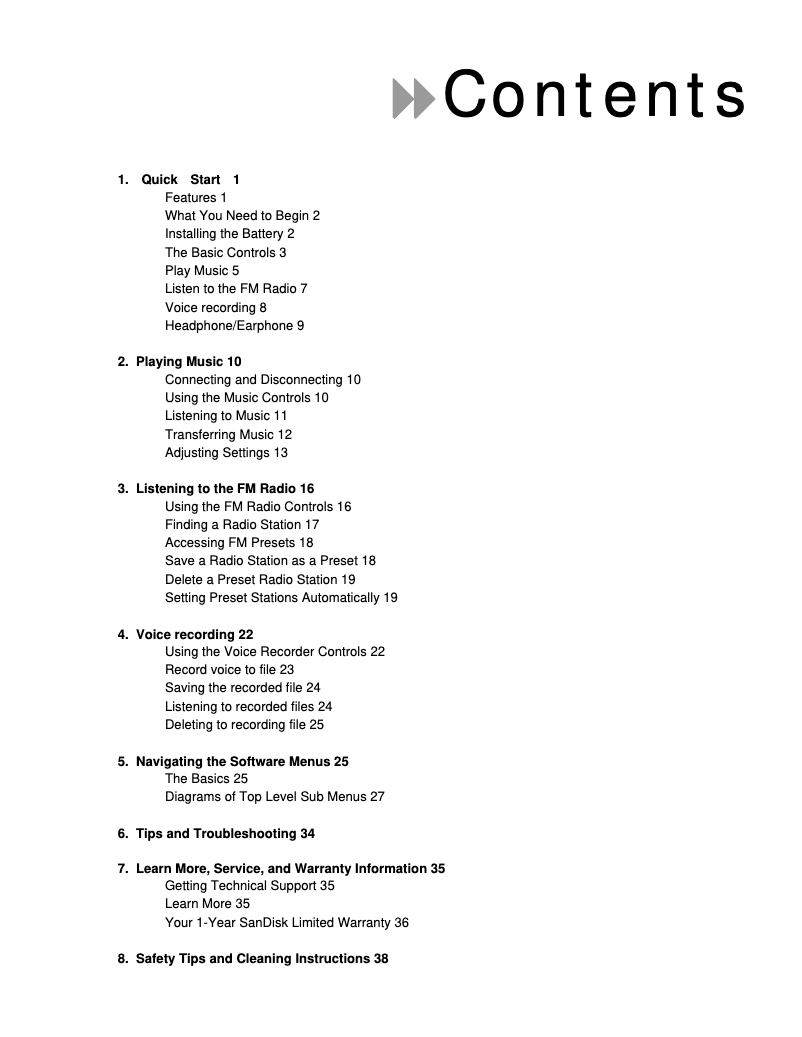 Page 1 de la notice Manuel utilisateur Sandisk Sansa M260