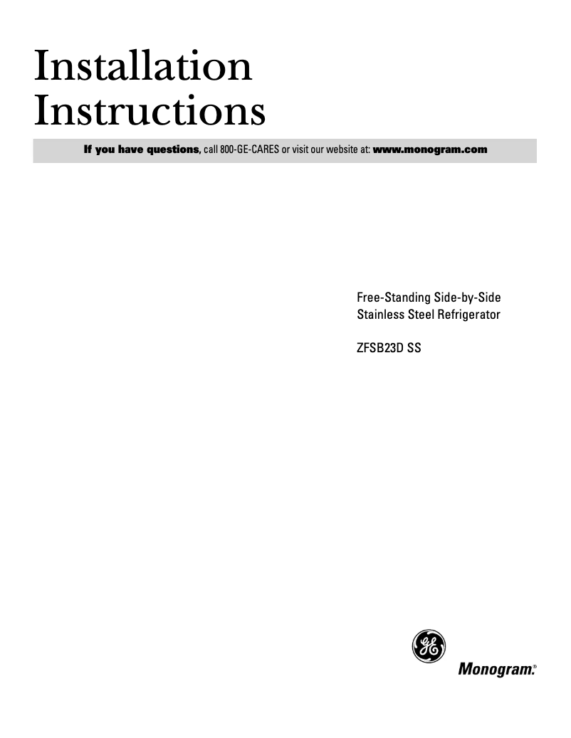 Página 1 del manual Guía de instalación GE ZFSB23DRSS