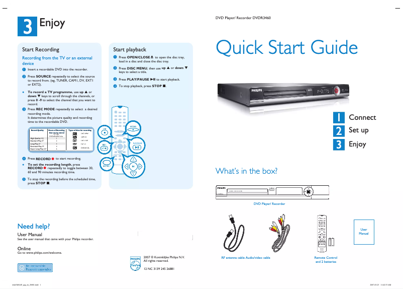 Page 1 of the manual Quick Start Guide Philips DVDR3460