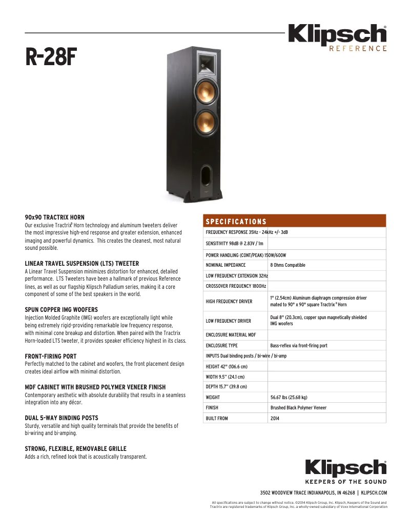 Page 1 de la notice Fiche technique Klipsch R-28F