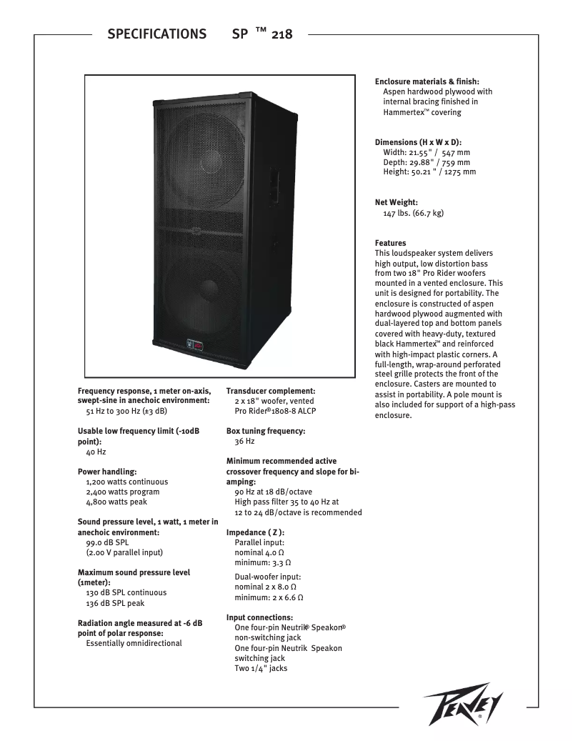 Page 1 de la notice Fiche technique Peavey SP 218