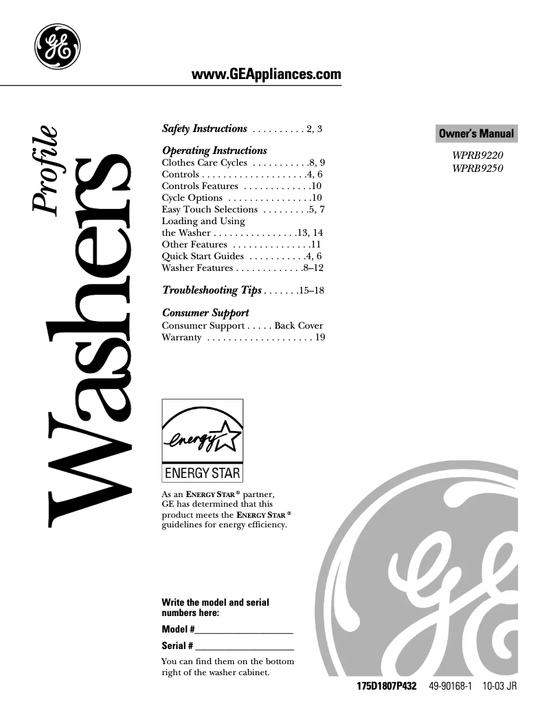 Page 1 of the manual Use and Maintenance Manual GE Profile WPRB9250DWW