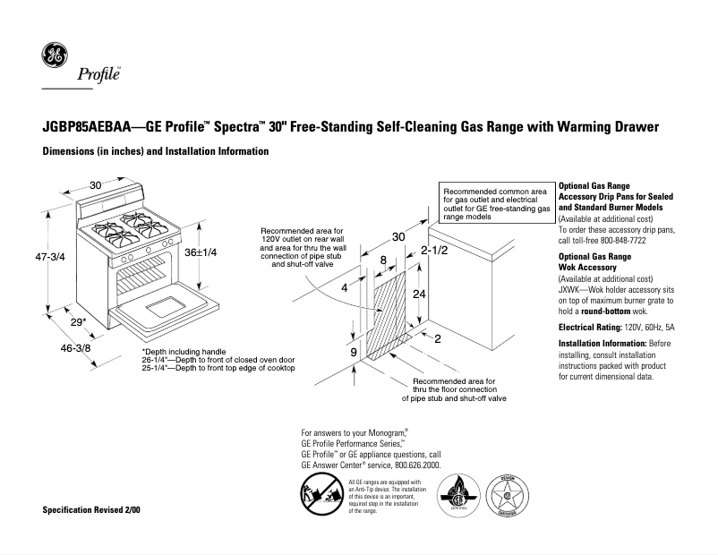 Page 1 de la notice Fiche technique GE Profile Spectra JGBP85AEBAA