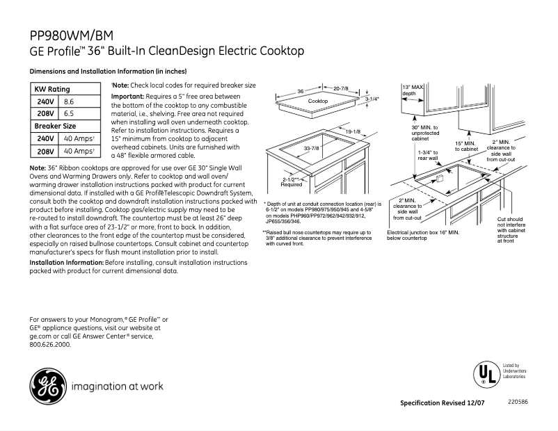 Página 1 del manual Ficha técnica GE Profile PP980WMWW