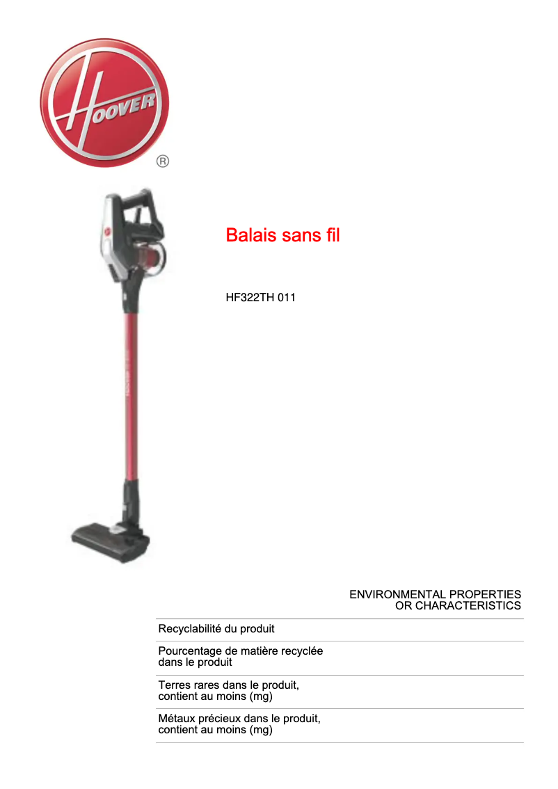 Página 1 del manual Ficha técnica Hoover H-Free 300 HF322TH 011