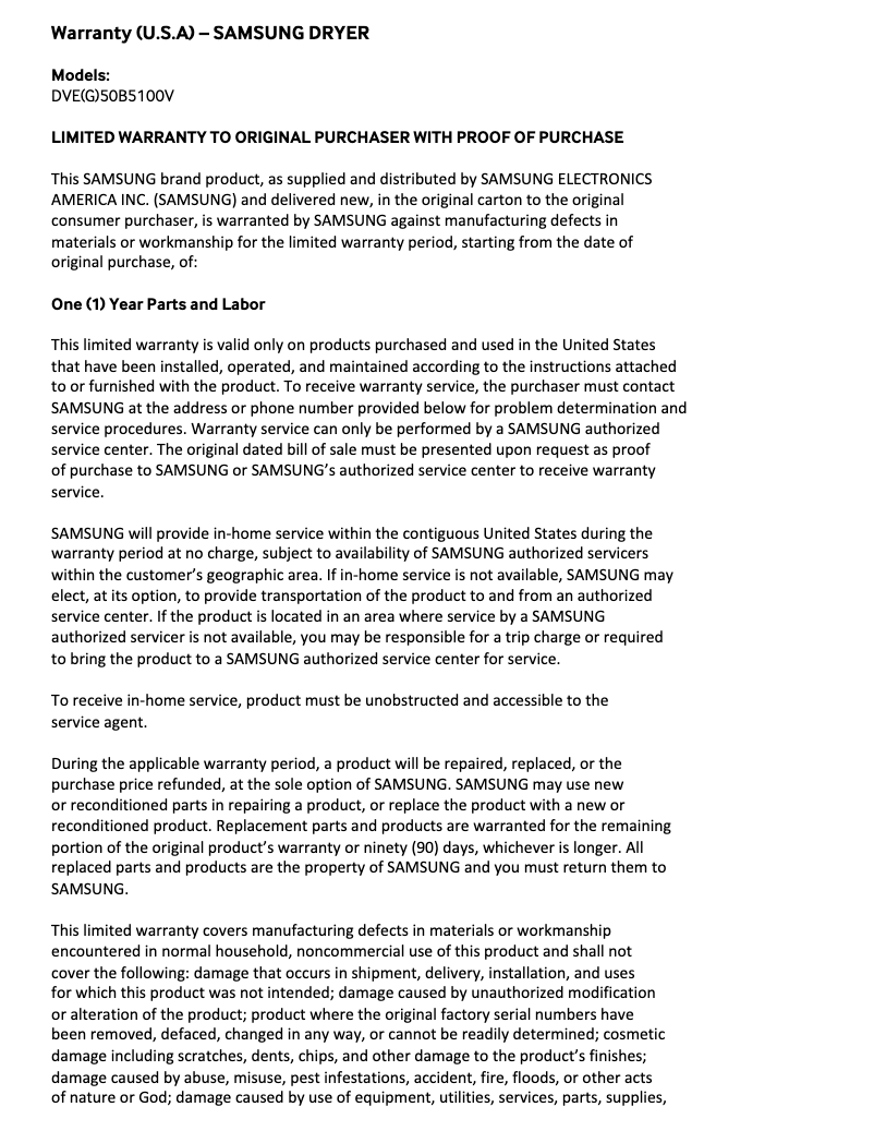 Página 1 del manual Información de garantía Samsung DVG50B5100V