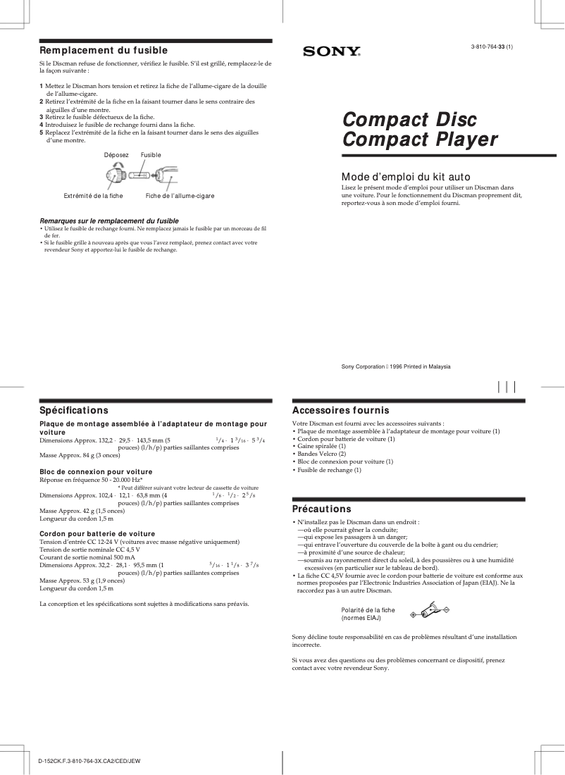 Page 1 de la notice Manuel utilisateur Sony D-152CK