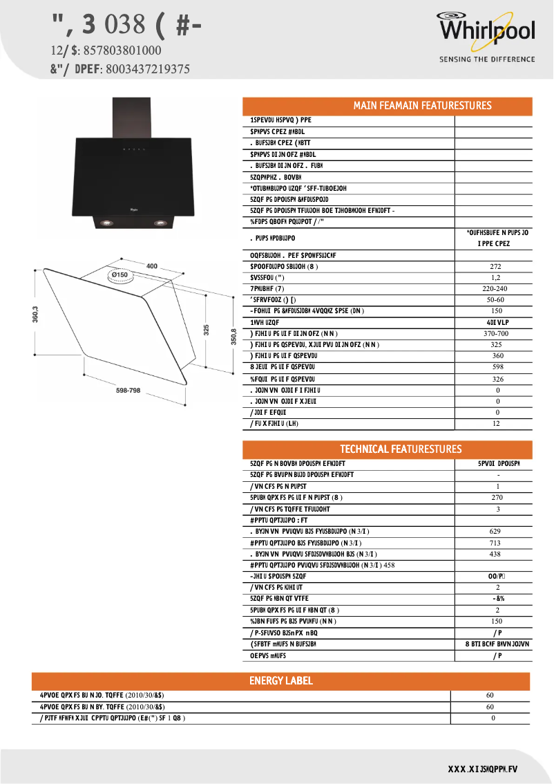Page 1 de la notice Fiche technique Whirlpool AKR 038 G BL