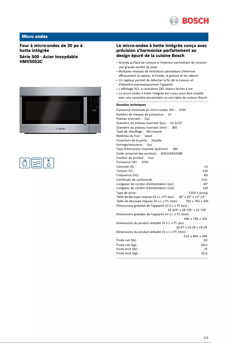 Page 1 of the manual Technical Sheet Bosch HMV5053C