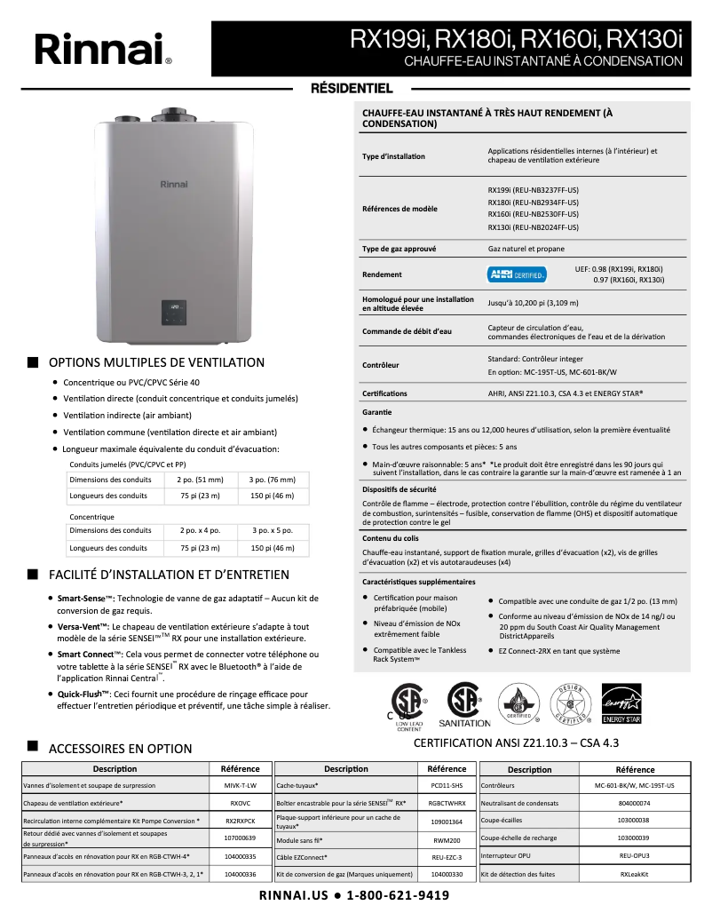 Page 1 de la notice Fiche technique Rinnai RX199iN