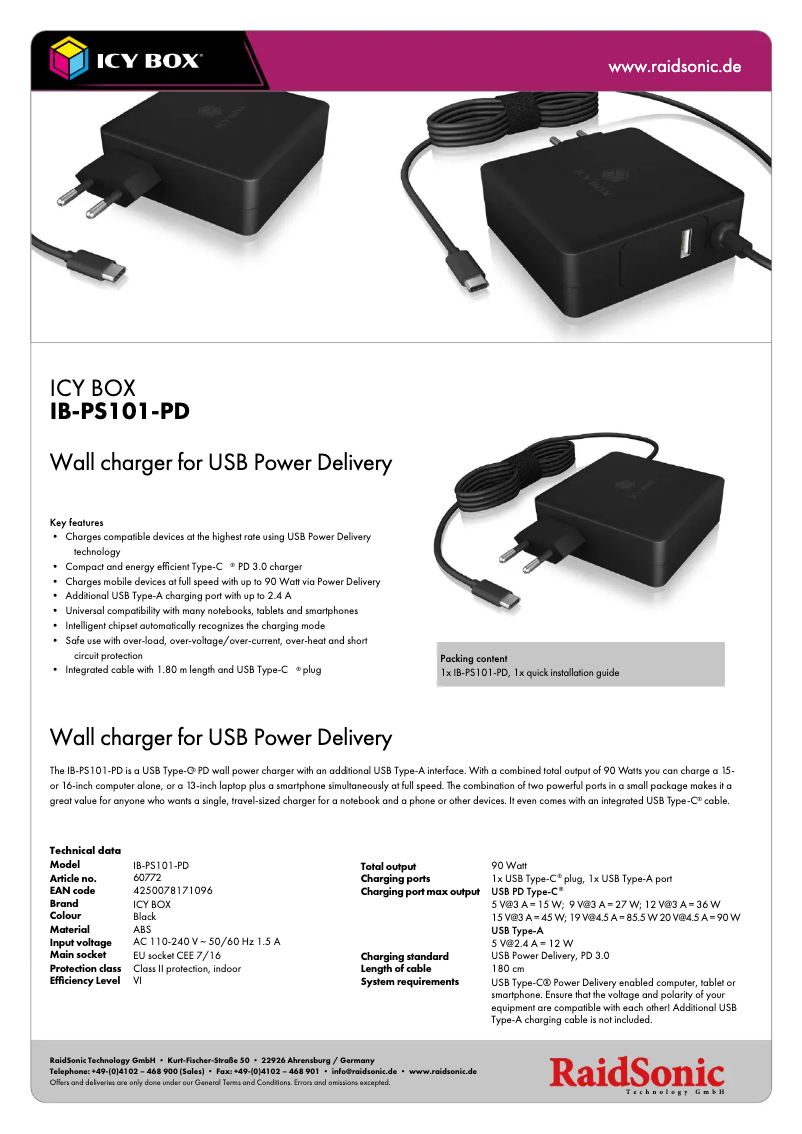 Page 1 de la notice Fiche technique Icy Box IB-PS101-PD