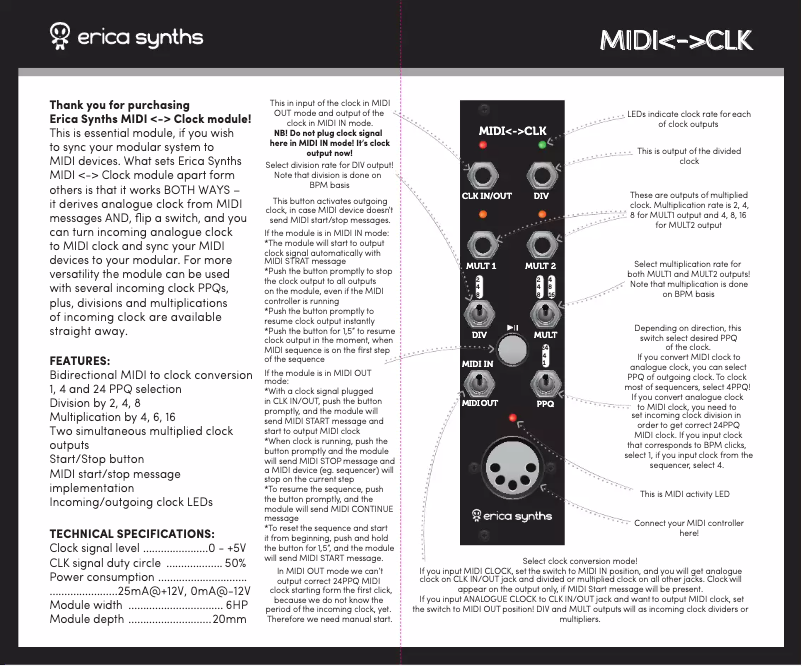 Page 1 de la notice Manuel utilisateur Erica Synths MIDI<->CLK