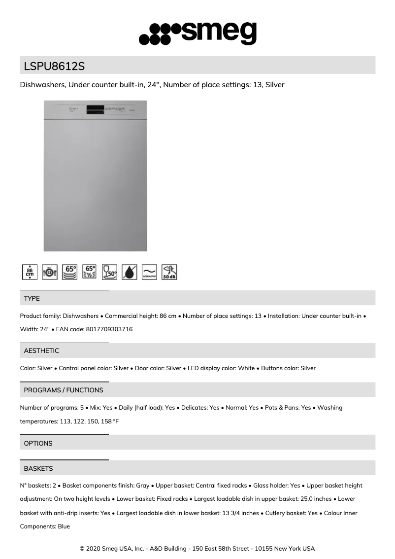 Page 1 de la notice Fiche technique Smeg LSPU8612S