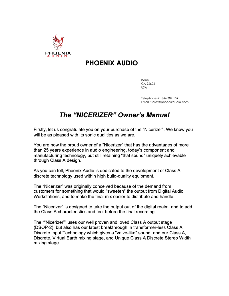 Page 1 de la notice Manuel utilisateur Phoenix Audio Nicerizer